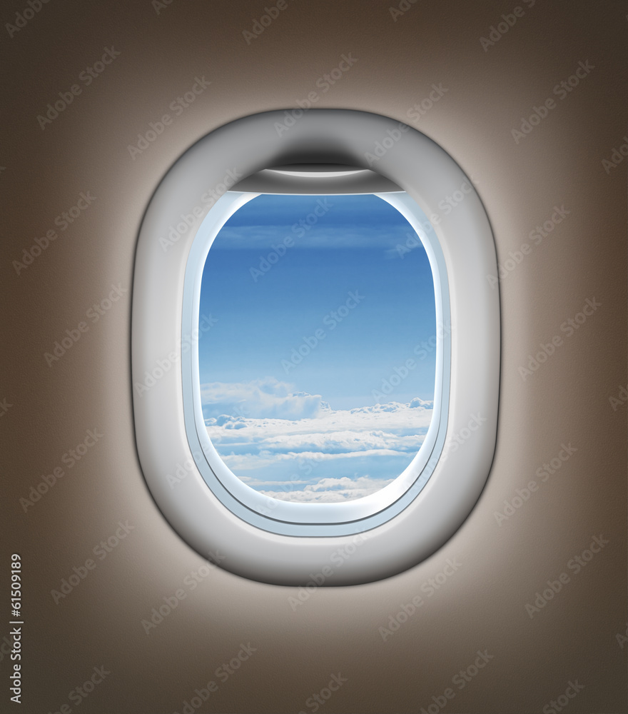 Naklejka premium Travel by airplane concept. Airplane interior or jet window with