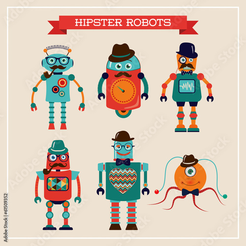 Set of cute retro vintage hipster robots