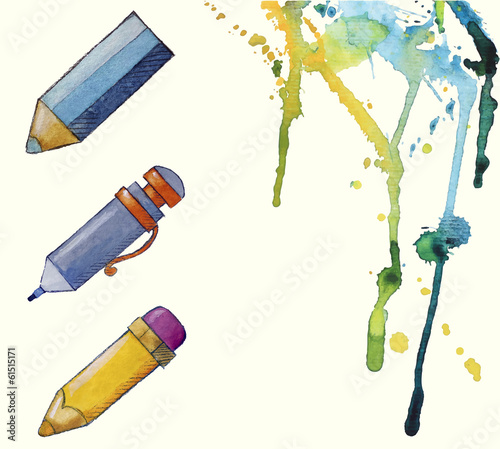 watercolor painted pencil icons, splashes of paint