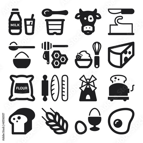 Dairy Egg Bread Sugar flat icons. Black