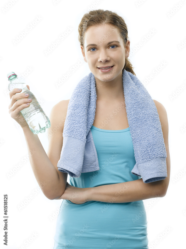 Young woman after workout against white background Young woman after workout against white background