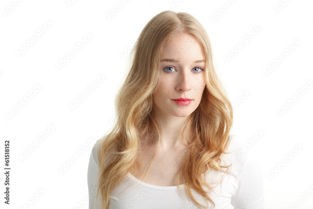 Close-up of a beautiful young woman smiling on white background Close-up of a beautiful young woman smiling on white background