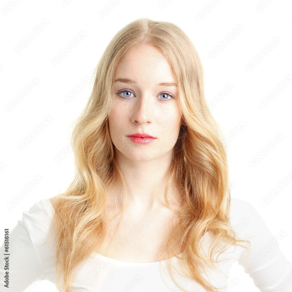 Close-up of a beautiful young woman smiling on white background Close-up of a beautiful young woman smiling on white background