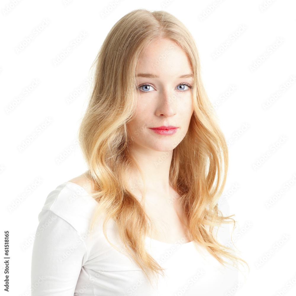 Close-up of a beautiful young woman smiling on white background Close-up of a beautiful young woman smiling on white background