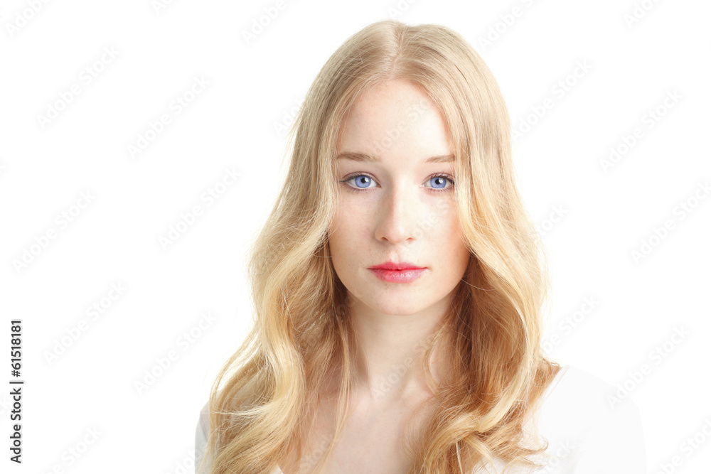 Close-up of a beautiful young woman smiling on white background Close-up of a beautiful young woman smiling on white background