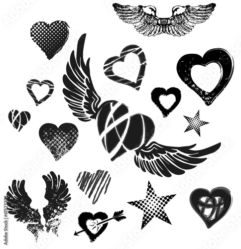 Hearts, wings and stars on white background, grunge, vector