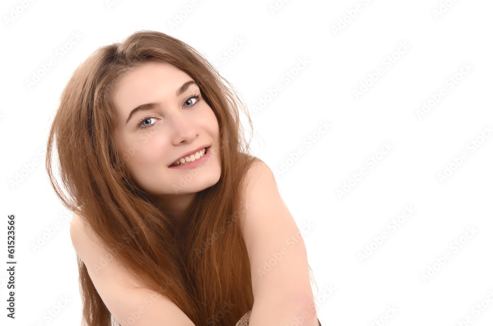 Portrait of a young funny woman smiling, long brown hair. Portrait of a young funny woman smiling, long brown hair.