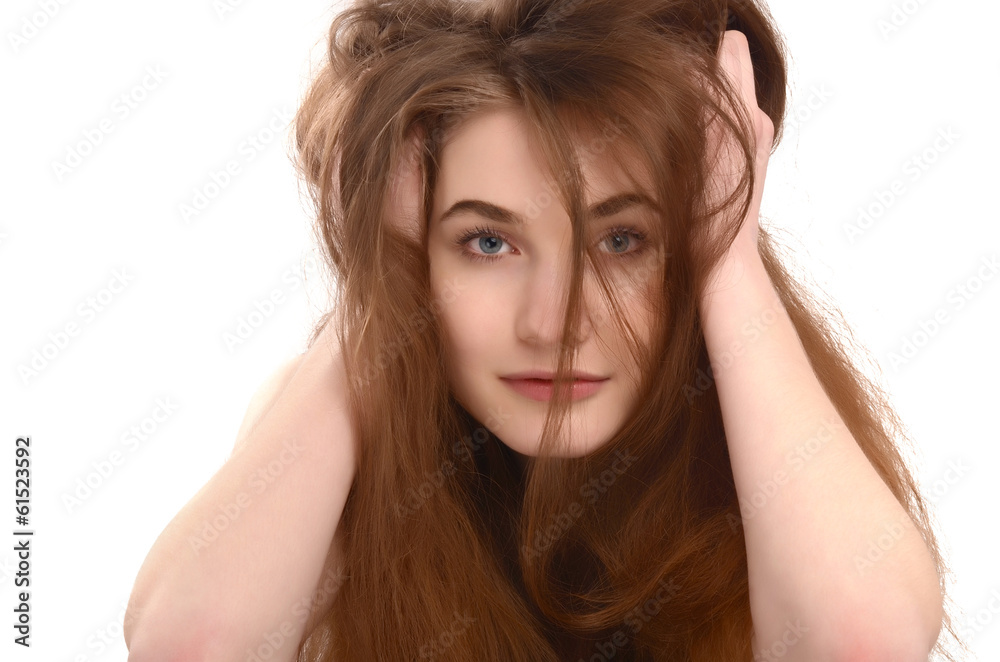 Young girl with messy long brown hair. Bad hair day. Young girl with messy long brown hair. Bad hair day.
