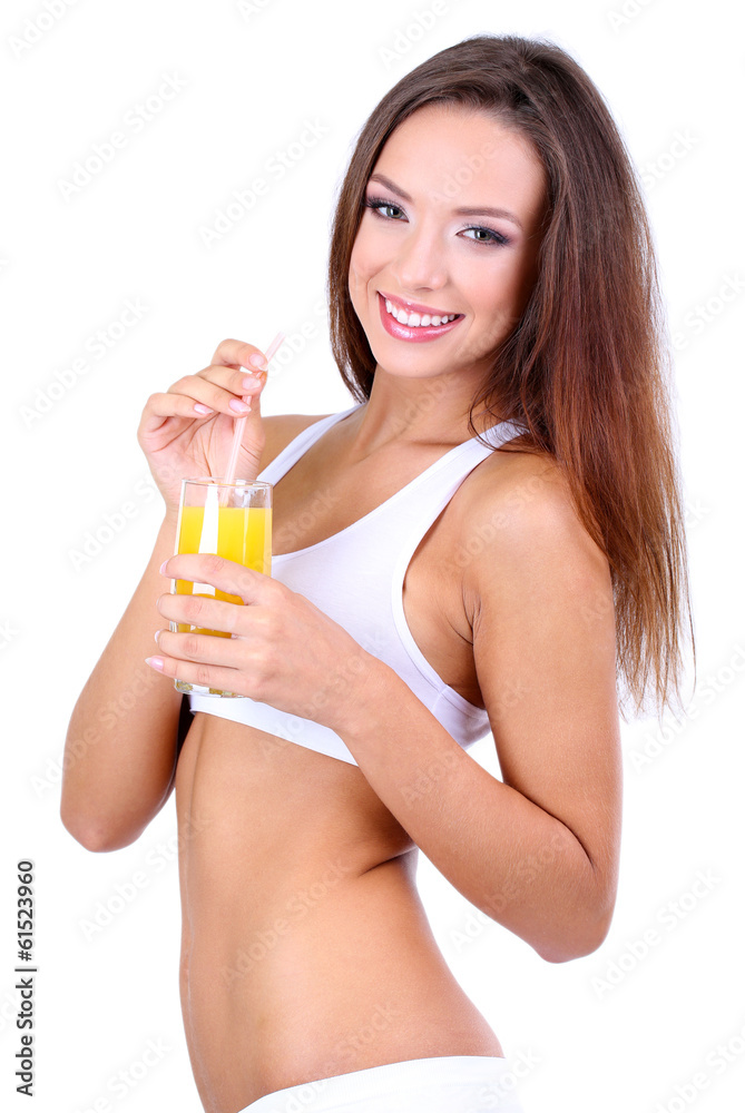 Beautiful girl with fresh juice isolated on white Beautiful girl with fresh juice isolated on white
