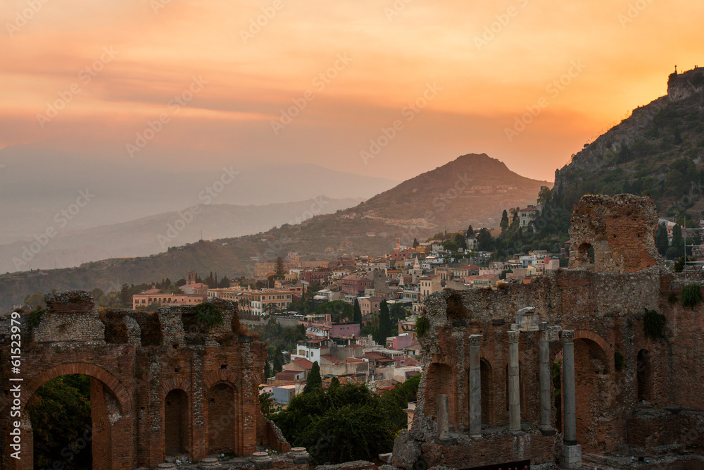 Taormina city and ancient greek amphitheatre, Sicily, Italy