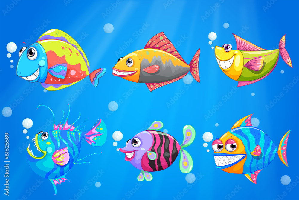 A group of colorful smiling fishes