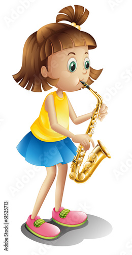 A young lady playing with the saxophone