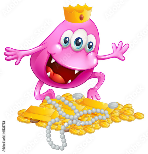 A beanie monster amazed by the treasures
