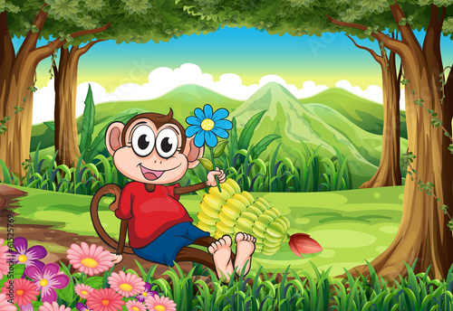 A monkey holding a flower while sitting in the middle of the for