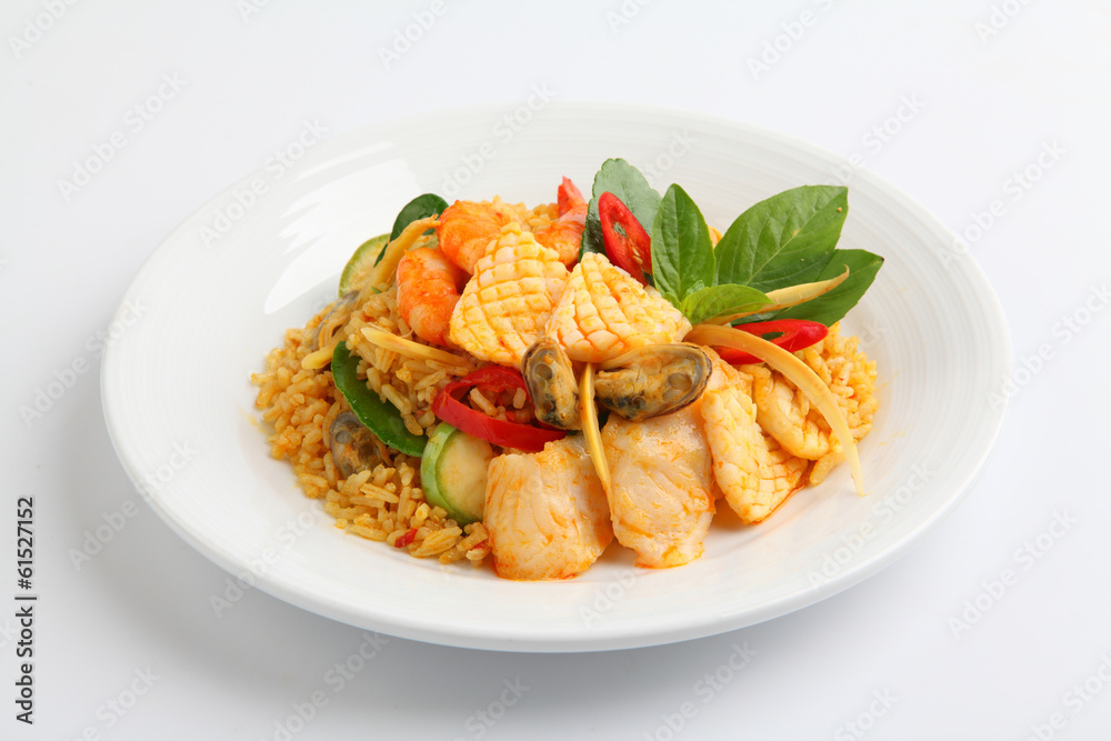 fried rice with red curry with seafood, Thai food fried rice with red curry with seafood, Thai food