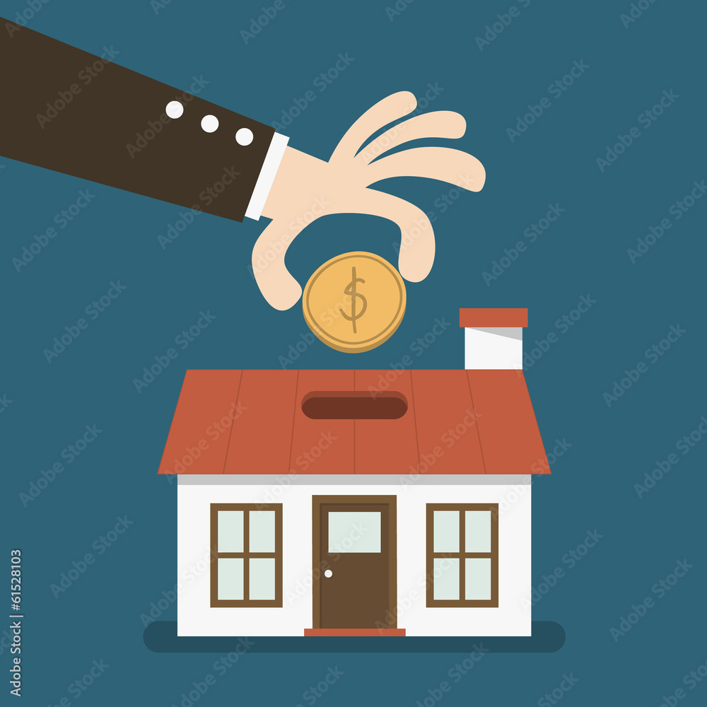 business hand saving money in a House shaped piggy bank business hand saving money in a House shaped piggy bank