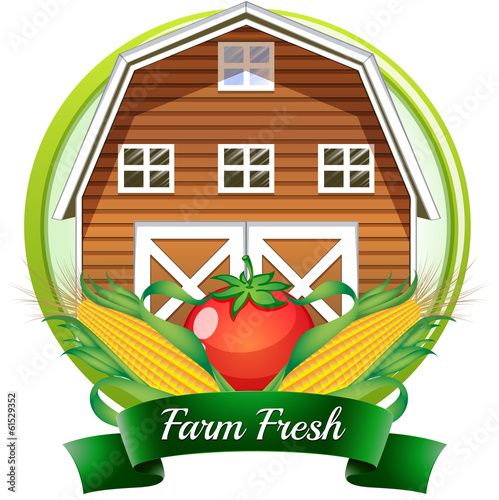A farm fresh label with a brown barnhouse, a tomato and corns