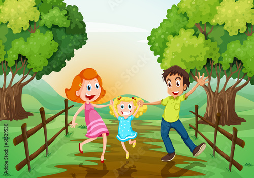 A happy family at the woods