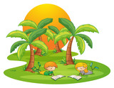 Two kids in the island reading near the coconut trees