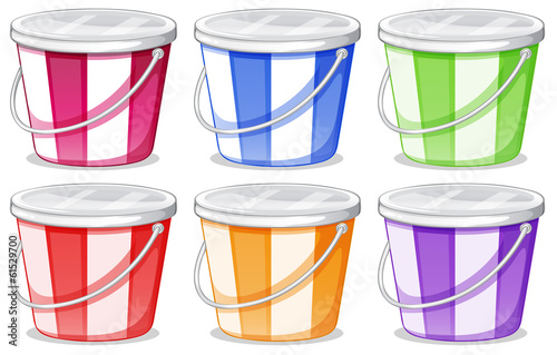 Six colorful pails