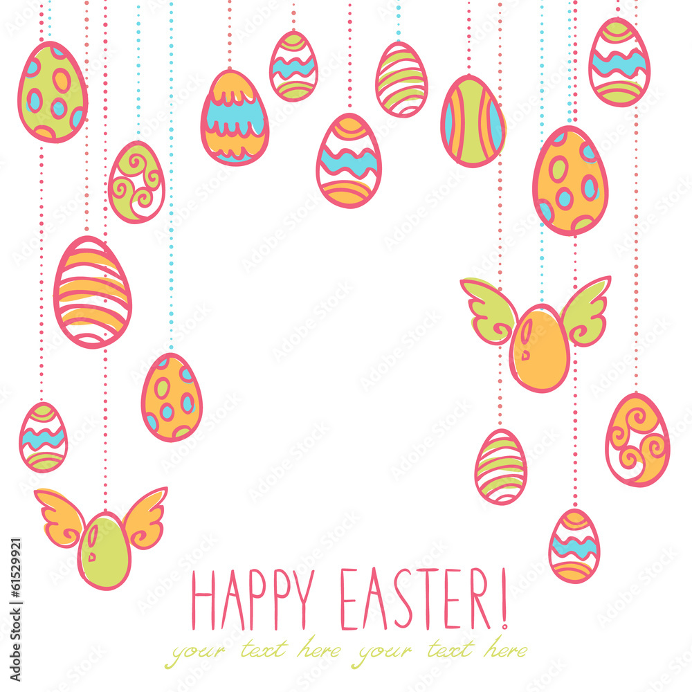 Easter eggs hanging on laces postcard