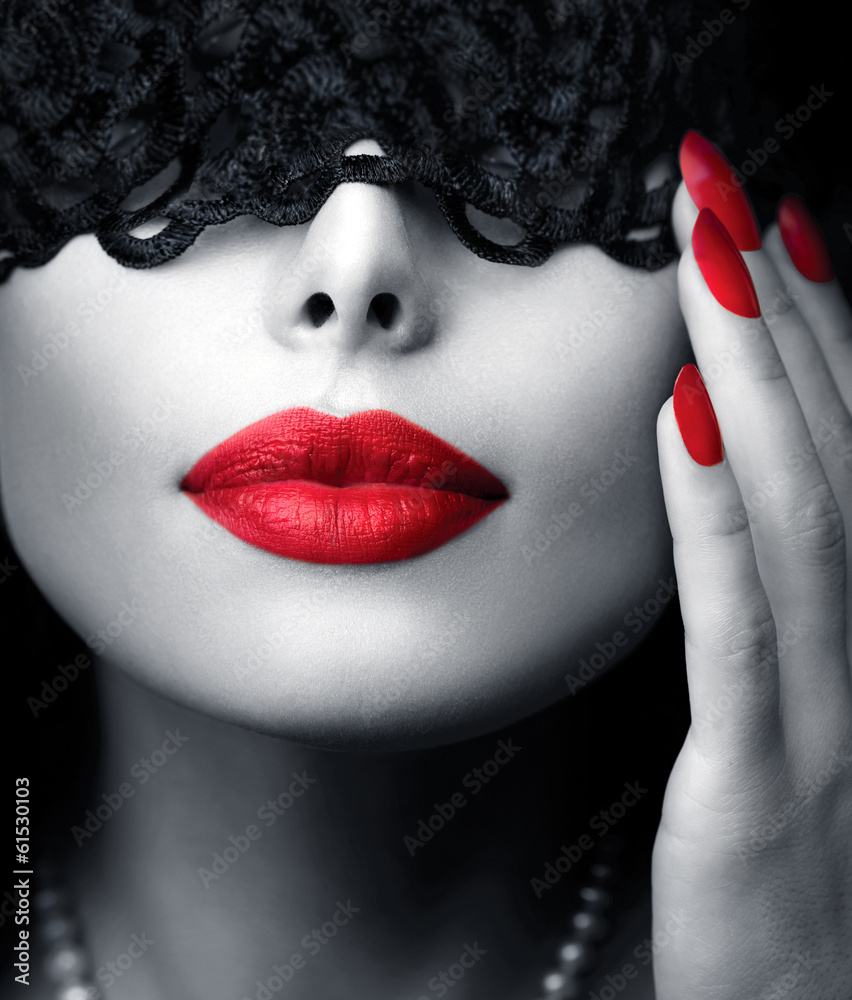 Beautiful Woman with Black Lace Mask over her Eyes - obrazy, fototapety, plakaty 