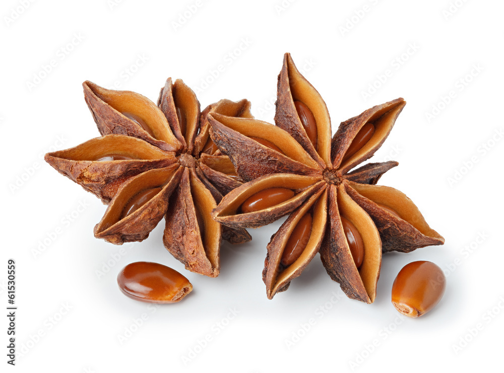 Star anise with seeds isolated on white backgroud, all in focus Star anise with seeds isolated on white backgroud, all in focus