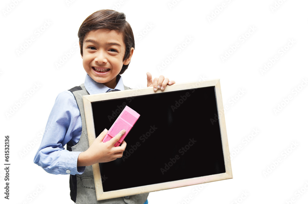little boy with hand holding chalkboard on white background little boy with hand holding chalkboard on white background
