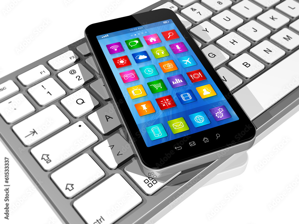 Smartphone on Computer Keyboard Smartphone on Computer Keyboard