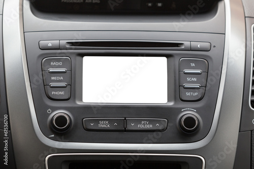 Closeup of car display on dashboard, white blank screen