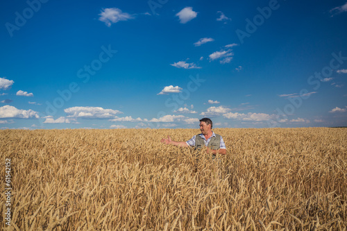 Happy smiling caucasian  old farmer standing in wheat fields