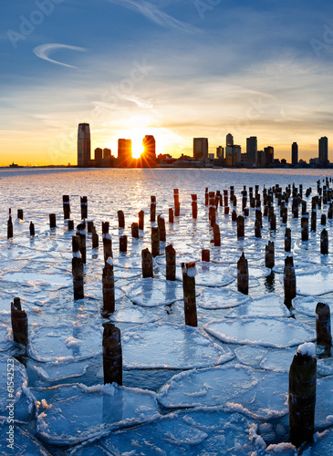 Sunset over Frozen Hudson River and Jersey City