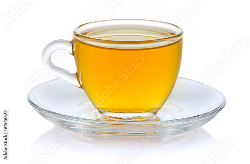 Cup of hot green tea isolated on white