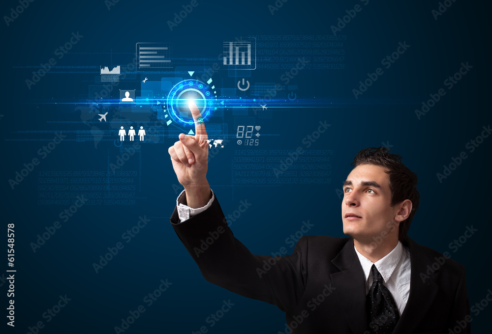 Handsome businessman touching future web technology buttons and Handsome businessman touching future web technology buttons and