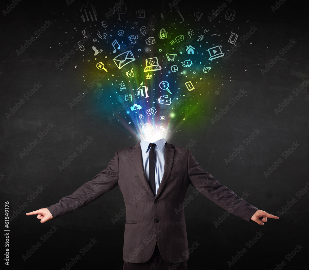 Business man with glowing media icons exploding head Business man with glowing media icons exploding head
