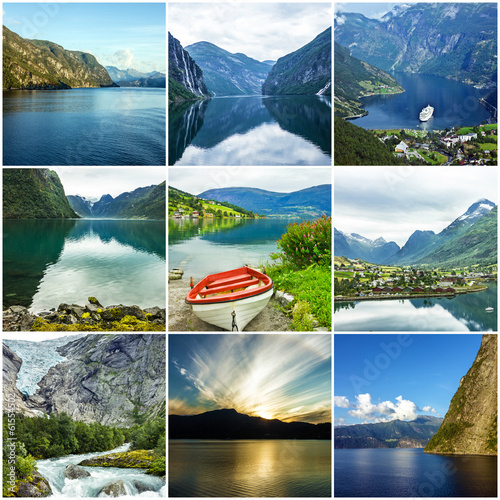 Collage Norway natural summer waterscapes. photo