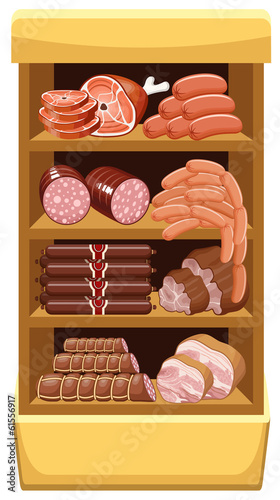 Shelfs with meat products. Meat market.