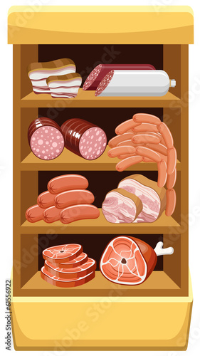 Shelfs with meat products. Meat market.