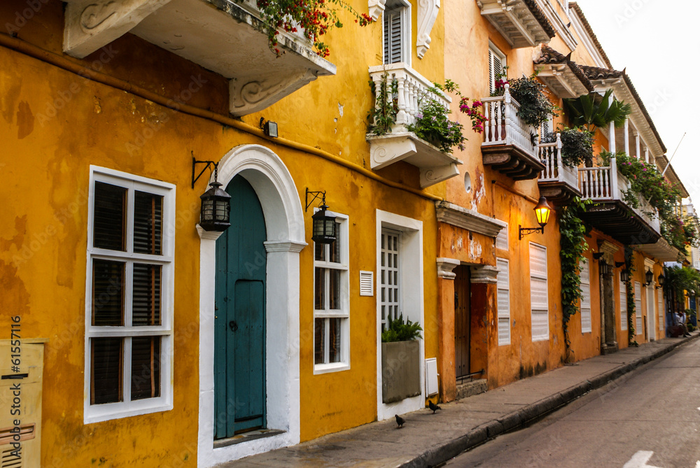 Typical street scene in Cartagena, Colombia of a street with old