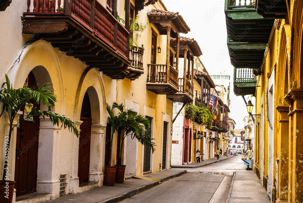 Typical street scene in Cartagena, Colombia of a street with old