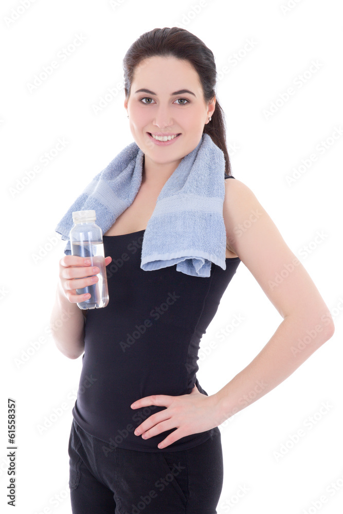 young sporty woman with bottle of mineral water isolated on whit young sporty woman with bottle of mineral water isolated on whit