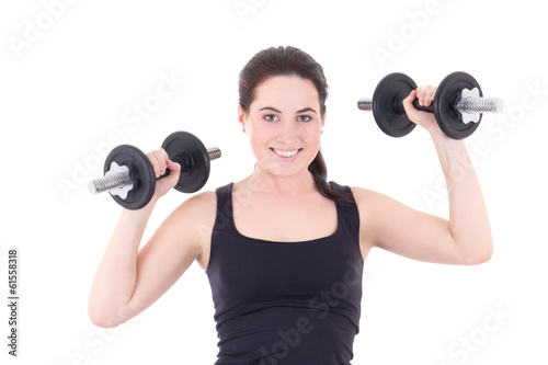 young attractive sporty woman with dumbbells isolated on white