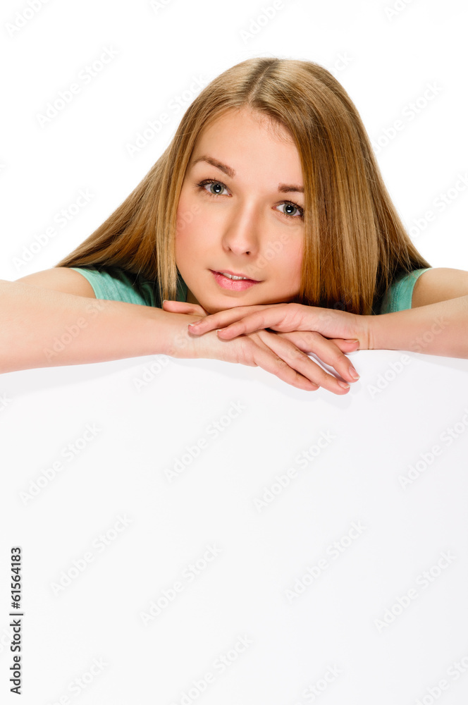 portrait of young woman with copy space desk on white background portrait of young woman with copy space desk on white background