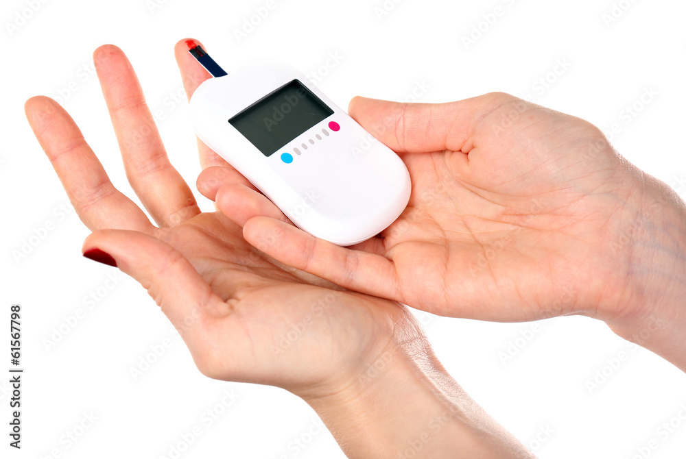 Measuring glucose level blood isolated on white