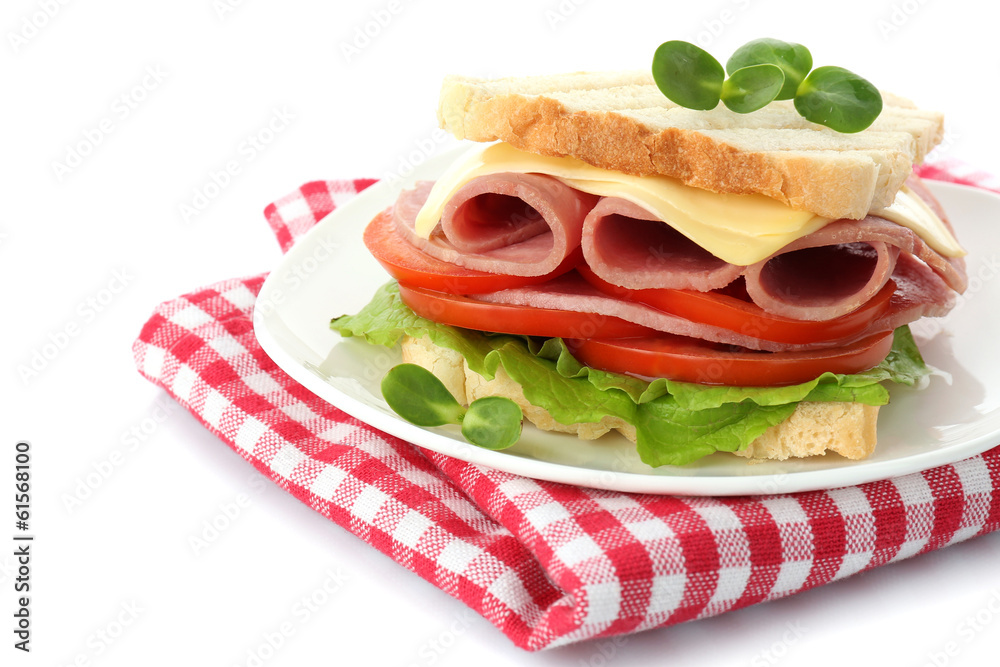 Tasty sandwich with ham, isolated on white Tasty sandwich with ham, isolated on white
