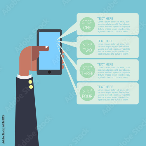 Infographic business man hand on smartphone with text sample tem