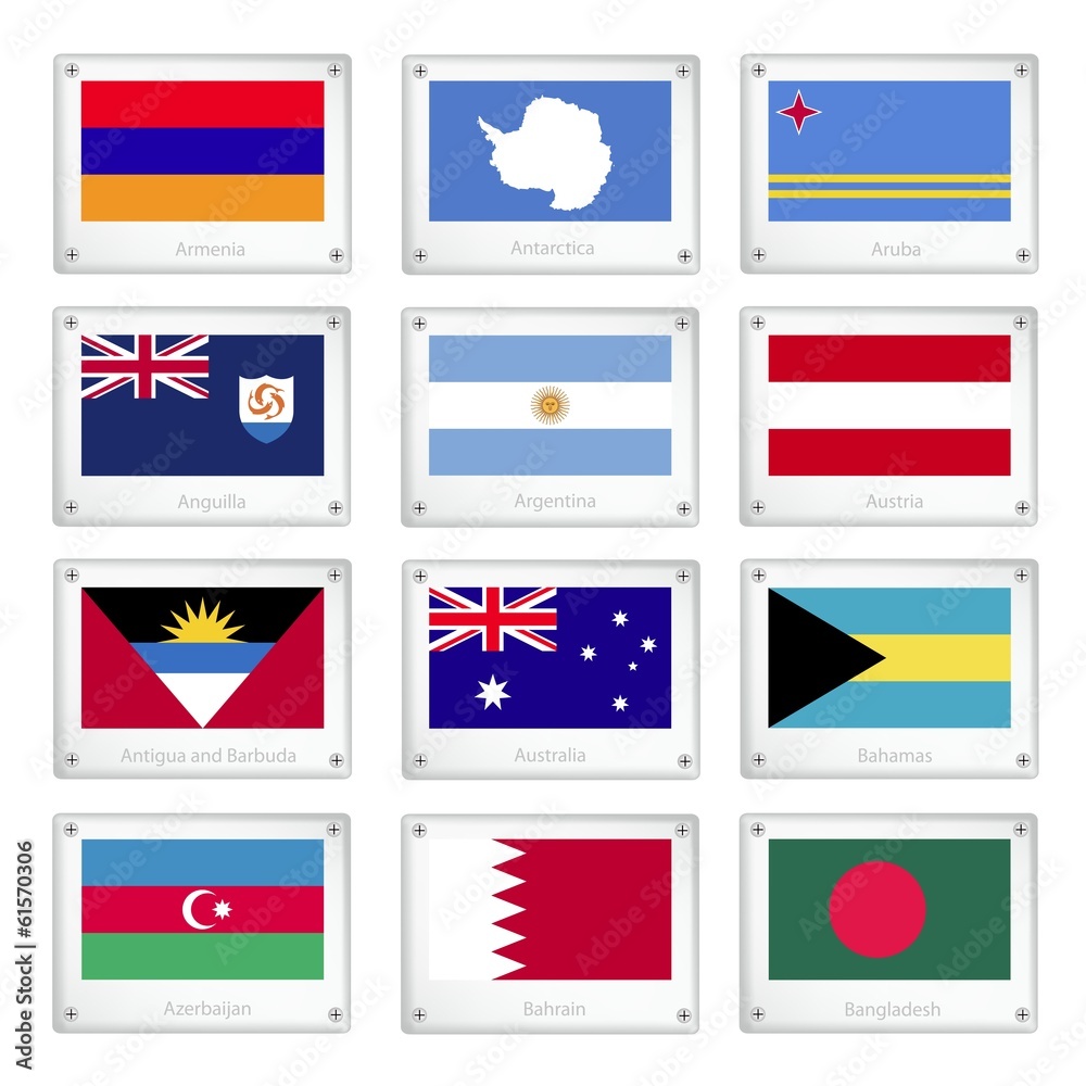 Twelve National Flags on Metal Texture Plates Twelve National Flags on Metal Texture Plates