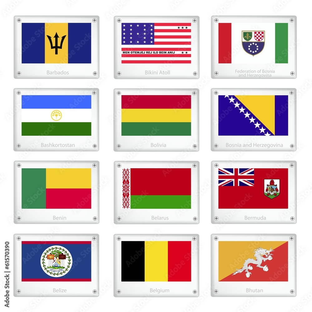 Twelve National Flags on Metal Texture Plates Twelve National Flags on Metal Texture Plates
