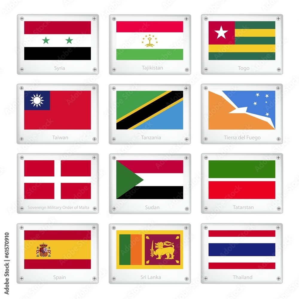 A Set of Countries Flags on Metal Texture Plates