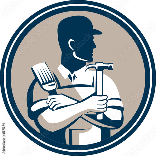 Carpenter Painter Holding Hammer Brush Retro Style